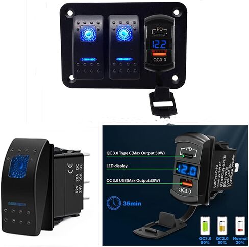 شاحن USB Switchtec USB-C/QC 3.0 مع الفولتميتر 2 لوحة مفاتيح متأرجحة، إضاءة خلفية زرقاء LED، قوارب مكونات مقاومة للماء سلكية مسبقًا، بحري، منزل متنقل، RV، مركبات الطرق الوعرة، RV in Kuwait