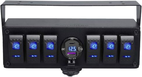 لوحة مفاتيح Switchtec 6 Gang Rocker مع شاحن USB سريع من النوع C/QC 3.0 مع الفولتميتر، إضاءة خلفية زرقاء، سلكية مسبقًا جميعها في حاوية صندوق التثبيت السطحي. in Kuwait