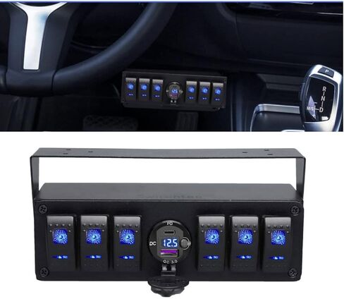 لوحة مفاتيح Switchtec 6 Gang Rocker مع شاحن USB سريع من النوع C/QC 3.0 مع الفولتميتر، إضاءة خلفية زرقاء، سلكية مسبقًا جميعها في حاوية صندوق التثبيت السطحي. in Kuwait