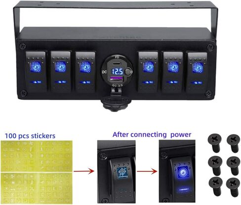 لوحة مفاتيح Switchtec 6 Gang Rocker مع شاحن USB سريع من النوع C/QC 3.0 مع الفولتميتر، إضاءة خلفية زرقاء، سلكية مسبقًا جميعها في حاوية صندوق التثبيت السطحي. in Kuwait