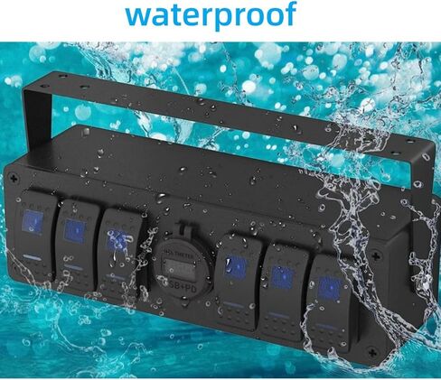 لوحة مفاتيح Switchtec 6 Gang Rocker مع شاحن USB سريع من النوع C/QC 3.0 مع الفولتميتر، إضاءة خلفية زرقاء، سلكية مسبقًا جميعها في حاوية صندوق التثبيت السطحي. in Kuwait