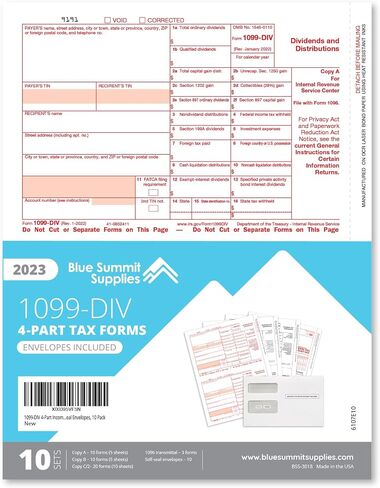 Blue Summit Supply 2023 1099 DIV حزمة نماذج الضرائب المكونة من 4 أجزاء، 10 عبوات 1099-DIV أرباح الأسهم ونماذج التوزيع 2023، متوافقة مع QuickBooks وبرامج المحاسبة، تتضمن 10 مظاريف ذاتية الغلق in Saudi Arabia