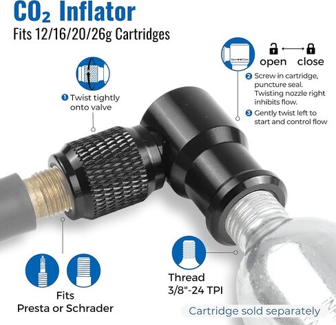 مجموعة نفخ ثاني أكسيد الكربون للدراجة من تيريليكس - طقم إصلاح الإطارات بدون أنابيب للدراجات مع مقابس ومنفاخ ثاني أكسيد الكربون، رأس نفخ متوافق مع صمام بريستا أو شريدر، يناسب خراطيش C02 القياسية in Kuwait