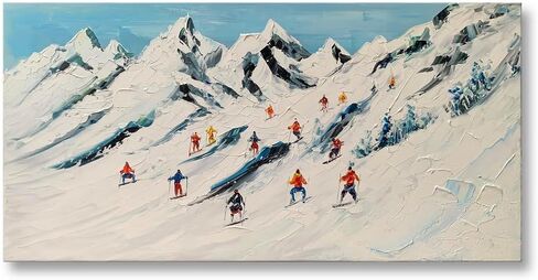 Hand Painted Ski Sport Oil Painting Wall Art Skier on Snowy Mountain Textured Artwork White Snow Skiing Winter Pictures Wall Decor in Saudi Arabia