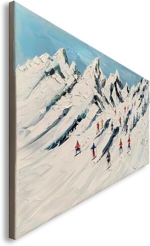 Hand Painted Ski Sport Oil Painting Wall Art Skier on Snowy Mountain Textured Artwork White Snow Skiing Winter Pictures Wall Decor in Saudi Arabia