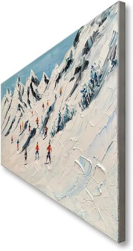 Hand Painted Ski Sport Oil Painting Wall Art Skier on Snowy Mountain Textured Artwork White Snow Skiing Winter Pictures Wall Decor in Saudi Arabia
