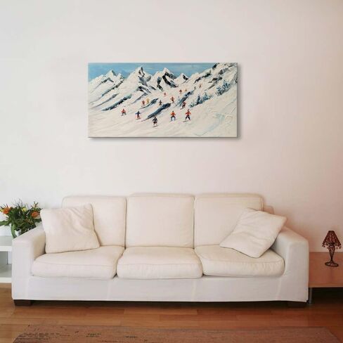 Hand Painted Ski Sport Oil Painting Wall Art Skier on Snowy Mountain Textured Artwork White Snow Skiing Winter Pictures Wall Decor in Saudi Arabia