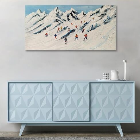 Hand Painted Ski Sport Oil Painting Wall Art Skier on Snowy Mountain Textured Artwork White Snow Skiing Winter Pictures Wall Decor in Saudi Arabia