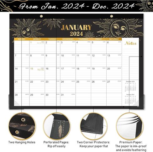 2024 Desk Calendar - 12 Monthly Desk/Wall Calendar 2-in-1,16.8" x 12", January 2024 - December 2024, Thick Paper with Corner Protectors, Large Ruled Blocks - The Sun in Saudi Arabia