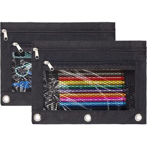 3 Ring Binder Pencil Pouchs, Zippered Pencil Pouch Double Pocket Pencil Pouch 3 Ring with Clear Mesh Window (Black 2pack)