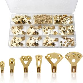 120Pcs Picture Hook Set in 6 Sizes (10LB/20LB/30LB/50LB/75LB/100LB) and 71pcs Nails, Wall Mounting Various Decorative Items, Frames, Photos, Mirrors, Picture Hooks, Clocks and Clothing Holders (Gold)