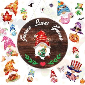 Menkxi 24 Pcs Magnetic Diamond Painting Gnome Diamond Art Interchangeable Gnome Decor Seasonal Welcome Sign DIY Holiday Detachable Door Hanger with Magnet Pieces for Wall Home