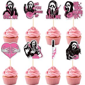 Horror Movie Cupcake Topper 24pcs Pink Horror Ghost Cupcake Picks Halloween Killer Cake Toppers No You Hang Up Killer Birthday Cupcake Picks for Halloween Pink Party Cake Decorations Supplies
