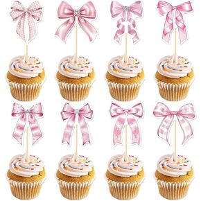Pink Bow Cupcake Toppers,24 PCS Bow Birthday Cake Topper,Girls Birthday Party Decorations,Bowknot Cupcake Decorations for Bridal Baby Shower Birthday Wedding Themed Party