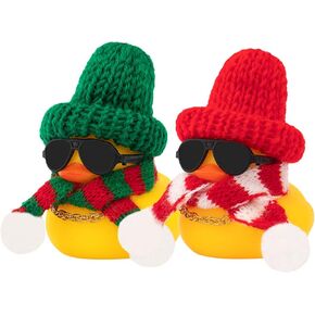 wonuu Car Dashboard Ornament Rubber Ducks, Christmas Eve Decorations Cute Ducky with Knit Hat, Glasses, Necklace, Scarf, Yellow Duck & Chequered Scarf