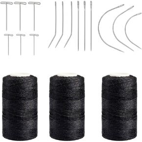 Kyzistn Needle and Thread for Hair Extensions 3 Rolls Hair Weave Sewing Threads with 21Pcs C J I Shape Curved Upholstery Needles for Hand Sewing, Hair Extensions (27Pcs