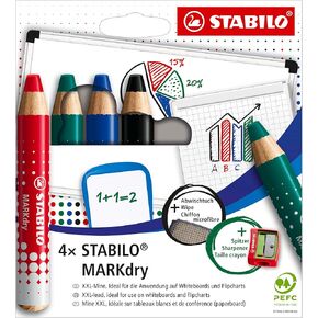 STABILO MARKdry - 4er Pack mit Spitzer und Abwischtuch - in vier verschiedenen Farben
