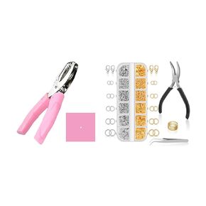 Complete Jewelry Making & Craft Kit: Handheld Hole Puncher with Pink Grip + 1200 Pcs Silver & Gold Jump Rings, Pliers & Tools for DIY Projects & Repairs