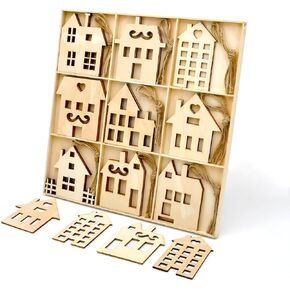 27PCS Wooden Houses Shapes Ornaments with Storage Box Tray for Crafts, DIY Unfinished Cutouts Embellishments Hanging Ornament, Christmas Tree House Decor