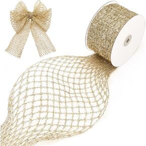 10 Yards Gold Christmas Ribbon Wired Glitter Metallic Mesh Ribbon Stretchable Web Diamond Wire Edge Ribbon Wide 2.5" to 7" for Xmas Tree, Wreaths, Gift Wrapping, DIY Craft