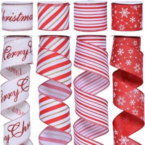 Christmas Ribbon Wired, 2.5 Inch Wide Holiday Ribbons for Gift Wrapping Wreath Bows Xmas Tree Decoration Crafts (4 Roll 30 Yards)