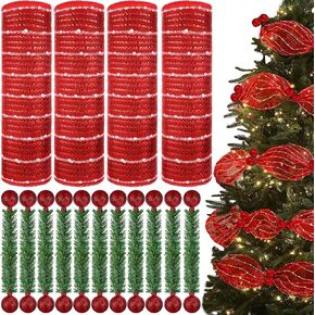 Jutom Christmas Deco Mesh Garland for Tree Including 4 Rolls 10 Inch x 10 Yard Metallic Mesh Ribbon 48 Pcs Artificial Xmas Garland Flexible Ties for Xmas Tree Decor Holiday Wreath DIY Crafts(Gold)