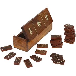 Ajuny Wooden Domino Game Set with Boat Wheel Anchor Design Classic Storage Box Numbers Table Handcrafted Dominoes Game for Kids Adults Family Outdoor Indoor Games 7.75x2 Inch