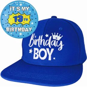 ZomefinKiu 13th Birthday Accessories for Boys - Blue Hat, Happy Birthday Badge Pin, Party Favors, Decorations, Birthday Outfit