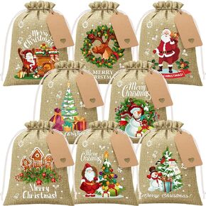 24Pcs Christmas Burlap Gift Bags with Drawstring, 6x8in Christmas Linen Treat Bags with Tag Goody Gift Bags Small Jute Xmas Candy Bags Reusable Gift Wrapping Bags Xmas Holiday Party Favors Linen Sacks