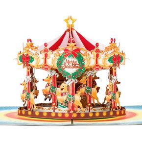 Christmas Merry-Go-Round Pop Up Card, Merry Christmas, Reindeers, Wreath, Park Theme 3D Popup Greeting Cards, Ideal Gifts for Women, Men, Kid, Boy, Girl, Sister, Brother, 5x7