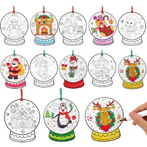 36 Pack Coloring Christmas Craft Kit Snow Globe Paper Cutouts Ornament Color Your Own Hanging Craft DIY Snowman Gingerbread Penguin Angel for Home Xmas Tree Activity Party Favor