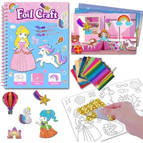 LERJIAUS Princess & Unicorn Foil Crafts for Kids، 2 في 1 Foil Fun & Label Book Kit الأنشطة DIY، لا فوضى ألعاب السفر أنشطة رحلة الطريق للأطفال، هدية عيد ميلاد للفتيات 3 4 5 6 7 8 9 سنوات