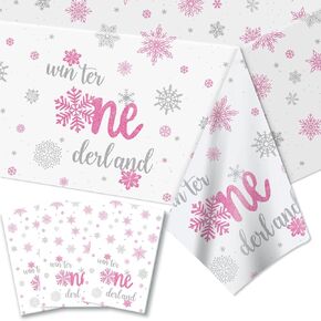 3 Pack Winter Onederland 1st Birthday Tablecloth, Disposable Pink and Silver Snowflake Plastic Table Cloths Cover for Christmas New Year Girl 1 st Birthday Party Supplies Decorations, 54x108 Inch