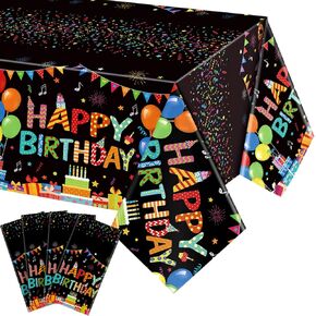 4 Pcs Happy Birthday Tablecloth 54'' x 108'' Disposable Birthday Table Cloth Plastic Colorful Balloons Happy Birthday Table Cover for Kid Boy Girl Birthday Party Decoration Supplies(Black)
