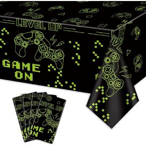 4 Pcs Game On Tablecloths, Green Video Game Party Table Covers, Rectangular Table Decoration for Boys Game on Level Up Gaming Party Supplies, 51 x 86.6 Inch