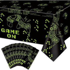 4 Pcs Game On Tablecloths, Green Video Game Party Table Covers, Rectangular Table Decoration for Boys Game on Level Up Gaming Party Supplies, 51 x 86.6 Inch