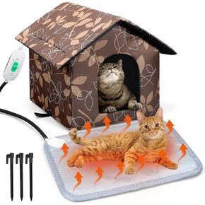 2 Pcs Heated Cat House Outdoor Weatherproof Cat Enclosures with Heating Pad Foldable Cat Shelter Indoor Pet Cave with Tent Stakes for Cat Winter Outside
