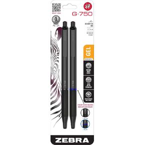Zebra Pen G-750 - Medium Point - 0.7mm - 2 Pack (1 Black and 1 Blue) - Retractable Zebra Gel Pens with Black Brass Barrel