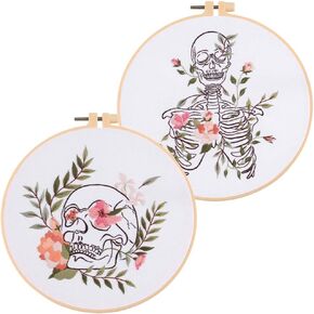 YANGSHINE 2 Sets Human Anatomy Embroidery Kit for Beginners,Flower with Skull Patterns Cross Stitch Kits,Including Embroidery Hoops, Fabric,Color Threads,Needles,Instructions and Tool Kit
