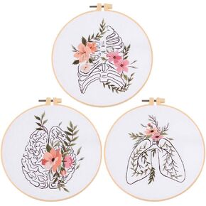 YANGSHINE 2 مجموعات طقم تطريز التشريح البشري للمبتدئين، زهرة مع أنماط جمجمة مجموعات غرز متقاطعة، بما في ذلك أطواق التطريز والنسيج وخيوط الألوان والإبر والتعليمات ومجموعة الأدوات in Kuwait