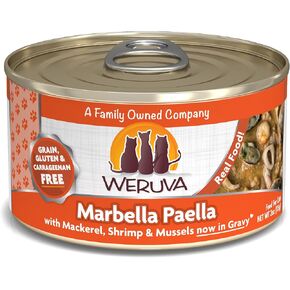 Weruva Classic Cat Food, Marbella Paella with Mackerel, Shrimp, & Mussels in Gravy, 3oz Can (Pack of 24)