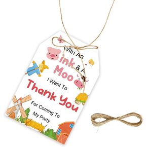 50pcs Barnyard Animal Thank You Tags, Farm Animals Gift Tag with String for Farmer Birthday Party, Pig/Cow Thank You Paper Tags for Farm Party Favors