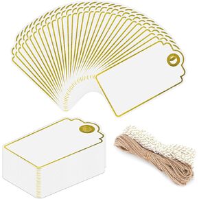 Gift Tags with String Attached, 100 PCS Foil Gold Dots Gift Tags White Paper Gift Bag Tags Blank Hang Paper Tags with Strings Attached for Present Wedding Baby Showers Christmas Birthday Party Favors