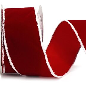 ALTIER 4 Inch x 10 Yards Red Velvet White Fur Wired Ribbon for Christmas Home Decoration Gift Wrapping Bow Making Wreath DIY Crafts