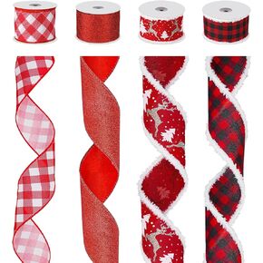 Christmas Decoration Tree Ribbon Wired,4 Rolls 40 Yards Red Wired Ribbon for Christmas Tree, Wired Ribbon for Wreaths and Garland,Christmas Buffalo Plaid Ribbon for Bows and Gift Wrapping