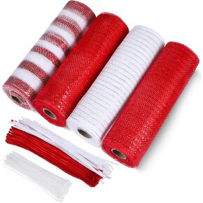 Funtery 4 Rolls 40 Yards Deco Mesh Christmas Decorative Mesh Ribbbon Rolls with Chenille Stems and Clear Zip Ties for Wreath Supplies Christmas Tree Decor Newyears Halloween Decor(Vivid Color)
