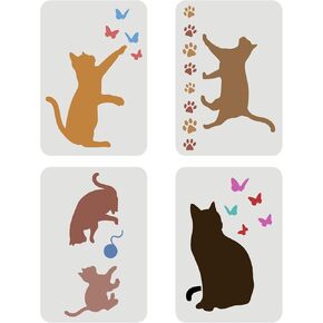 FINGERINSPIRE 4 Pcs Cat Butterfly Stencil 11.7x8.3 inch A4 Size Cat Playing Ball of Yarn Stencil Reusable Large Vinyl Template for Painting on Wood Fabric Wall Furniture Card Making Home Decor