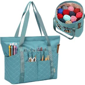HOMEST Tote Crochet Bag, Yarn Storage Organizer, Knitting Bag with Custom Front Pockets for Crochet Hooks, Knitting Needles and Crochet Accessories, Turquoise