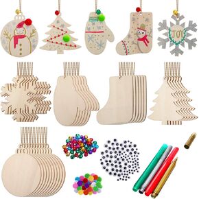 254 Pieces Wooden Christmas Ornaments Unfinished Crafts Wood Slice Christmas Tree Hanging Decoration with Bells Wiggle Eyes Marking Pens for DIY Christmas Decor