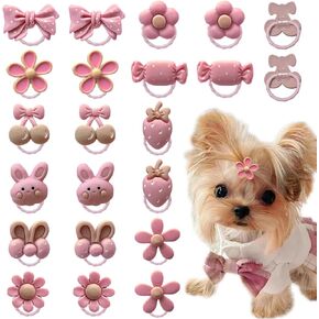 20 Pcs Light Pink Small Dog Hair Bows with Rubber Bands Puppy Bows for Ears Cute Grooming Flower Bowknot Strawberries Topknot Dog Hair Accessories for Small Dogs Girl Hair Ties for Yorkie Shih tzu